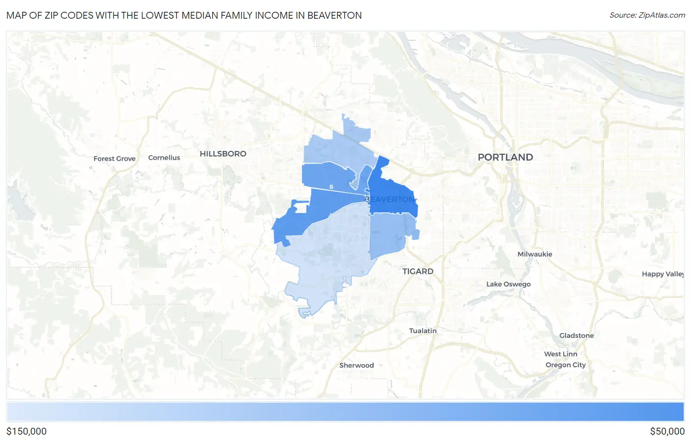 Zip Codes with the Lowest Median Family Income in Beaverton Map
