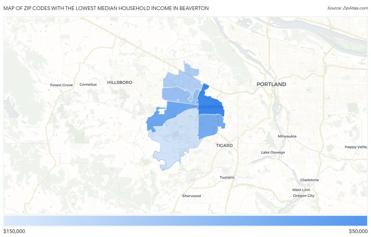 Zip Codes with the Lowest Median Household Income in Beaverton Map