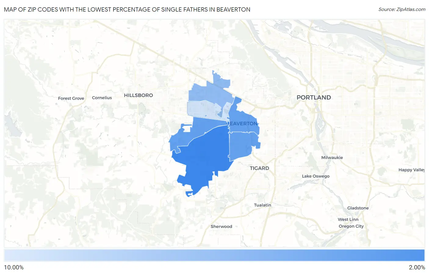 Zip Codes with the Lowest Percentage of Single Fathers in Beaverton Map
