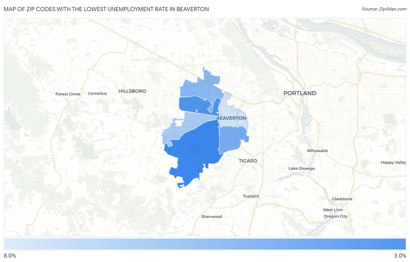 Zip Codes with the Lowest Unemployment Rate in Beaverton Map