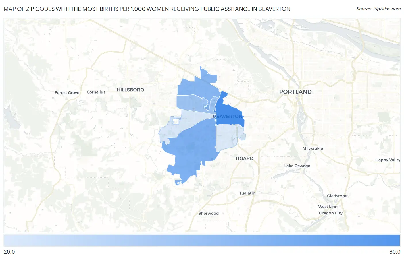 Zip Codes with the Most Births per 1,000 Women Receiving Public Assitance in Beaverton Map