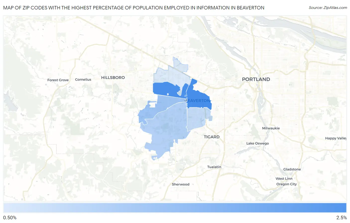 Zip Codes with the Highest Percentage of Population Employed in Information in Beaverton Map