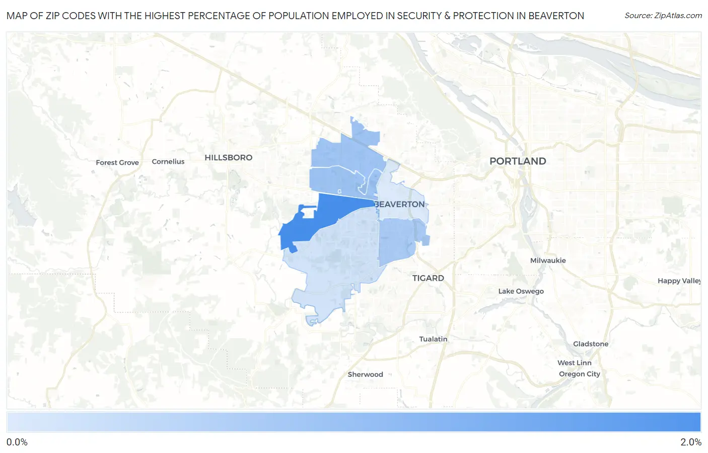 Zip Codes with the Highest Percentage of Population Employed in Security & Protection in Beaverton Map