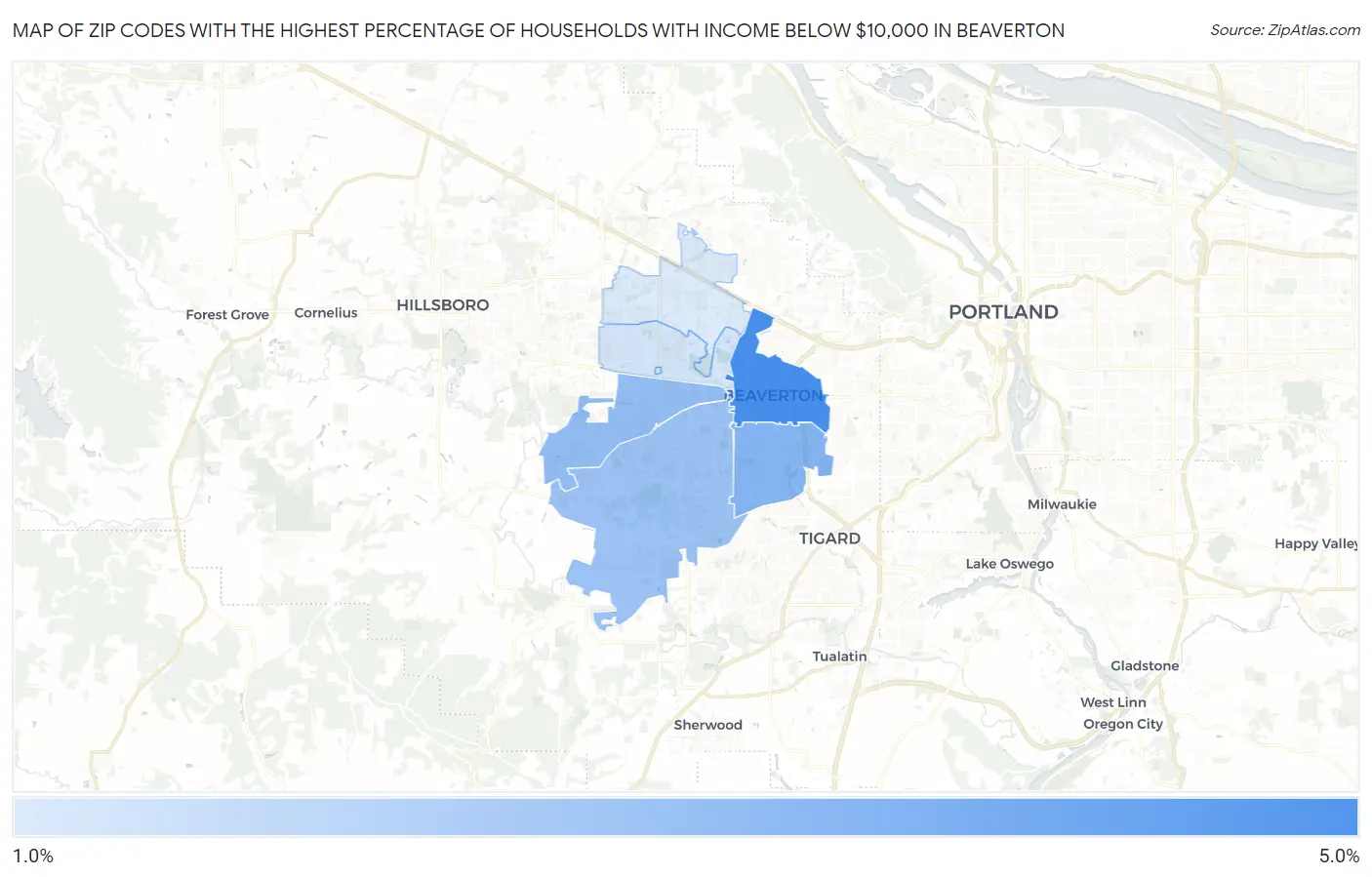 Zip Codes with the Highest Percentage of Households with Income Below $10,000 in Beaverton Map