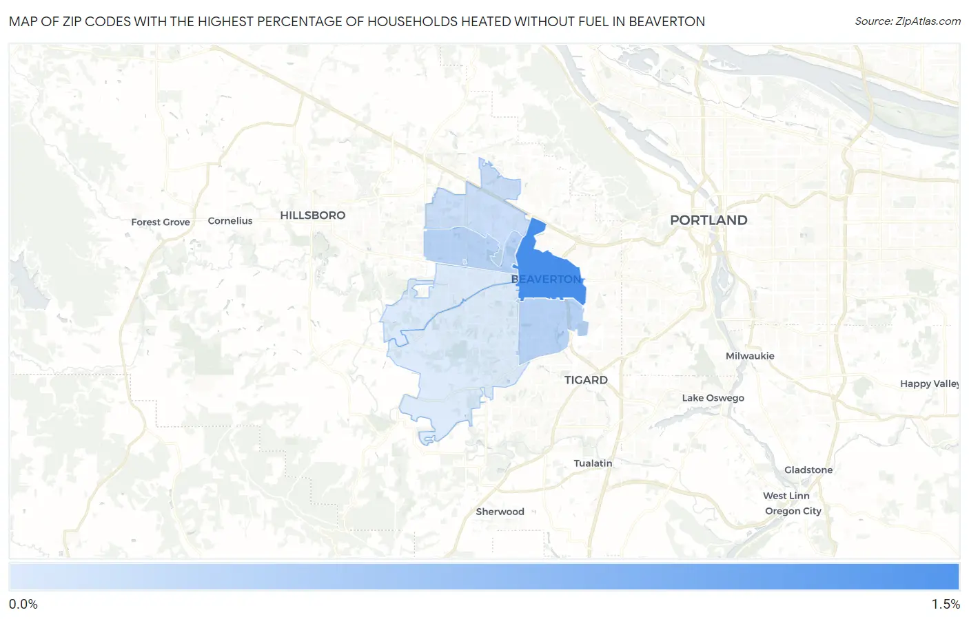 Zip Codes with the Highest Percentage of Households Heated without Fuel in Beaverton Map