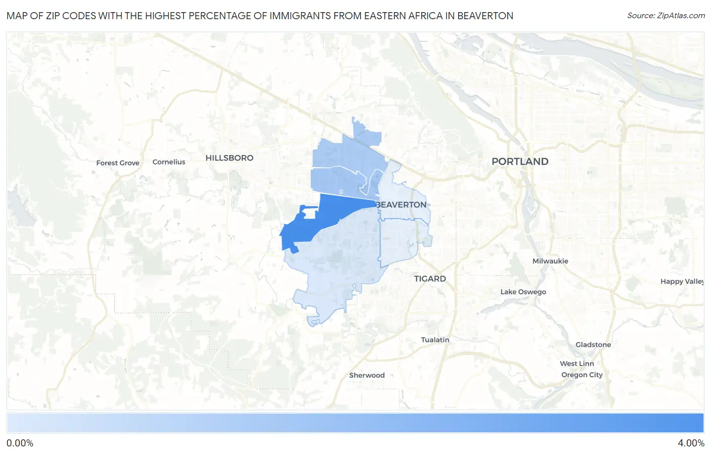 Zip Codes with the Highest Percentage of Immigrants from Eastern Africa in Beaverton Map