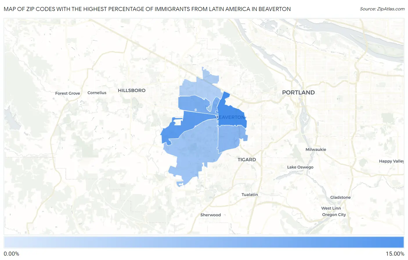 Zip Codes with the Highest Percentage of Immigrants from Latin America in Beaverton Map