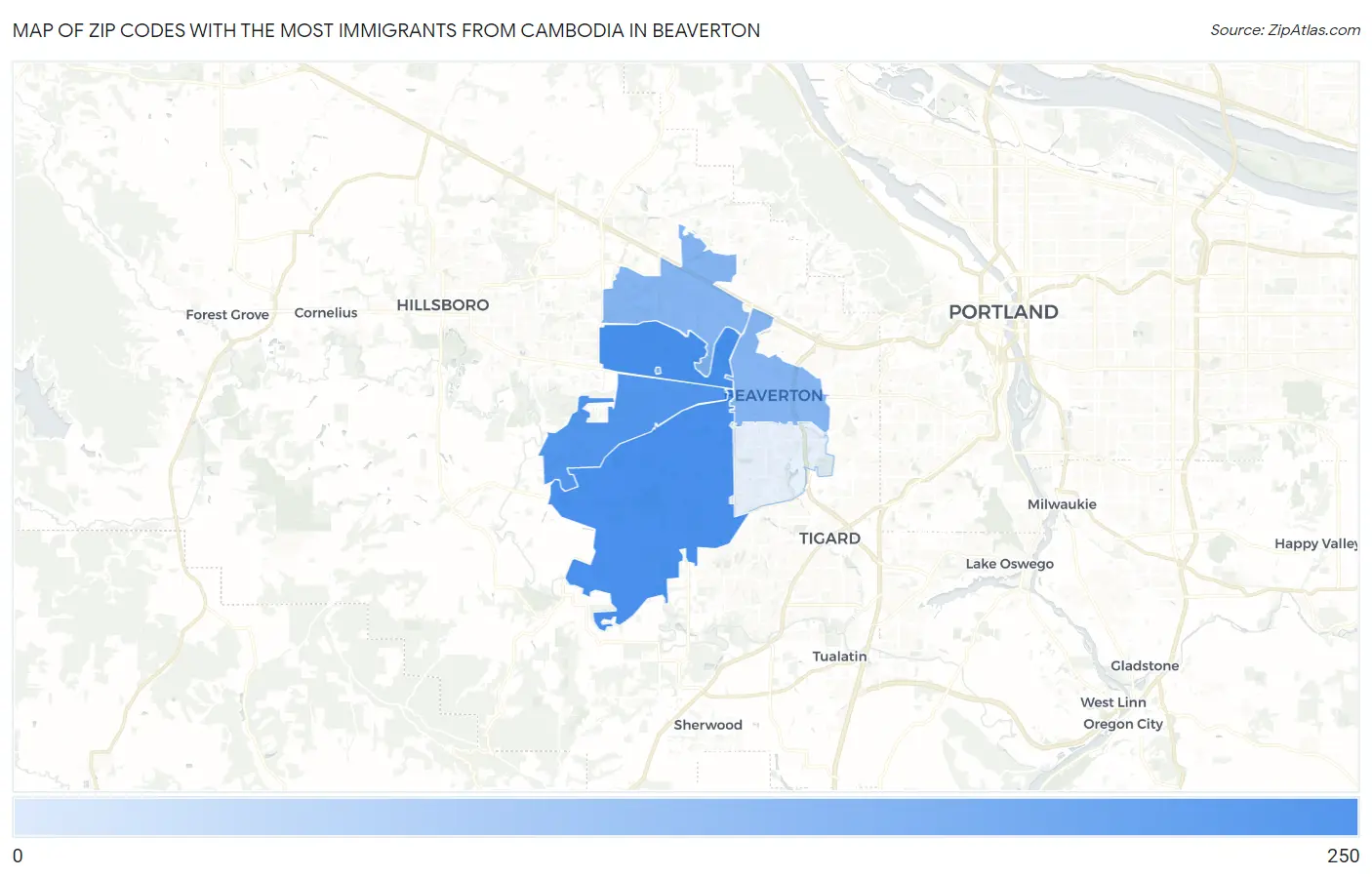 Zip Codes with the Most Immigrants from Cambodia in Beaverton Map