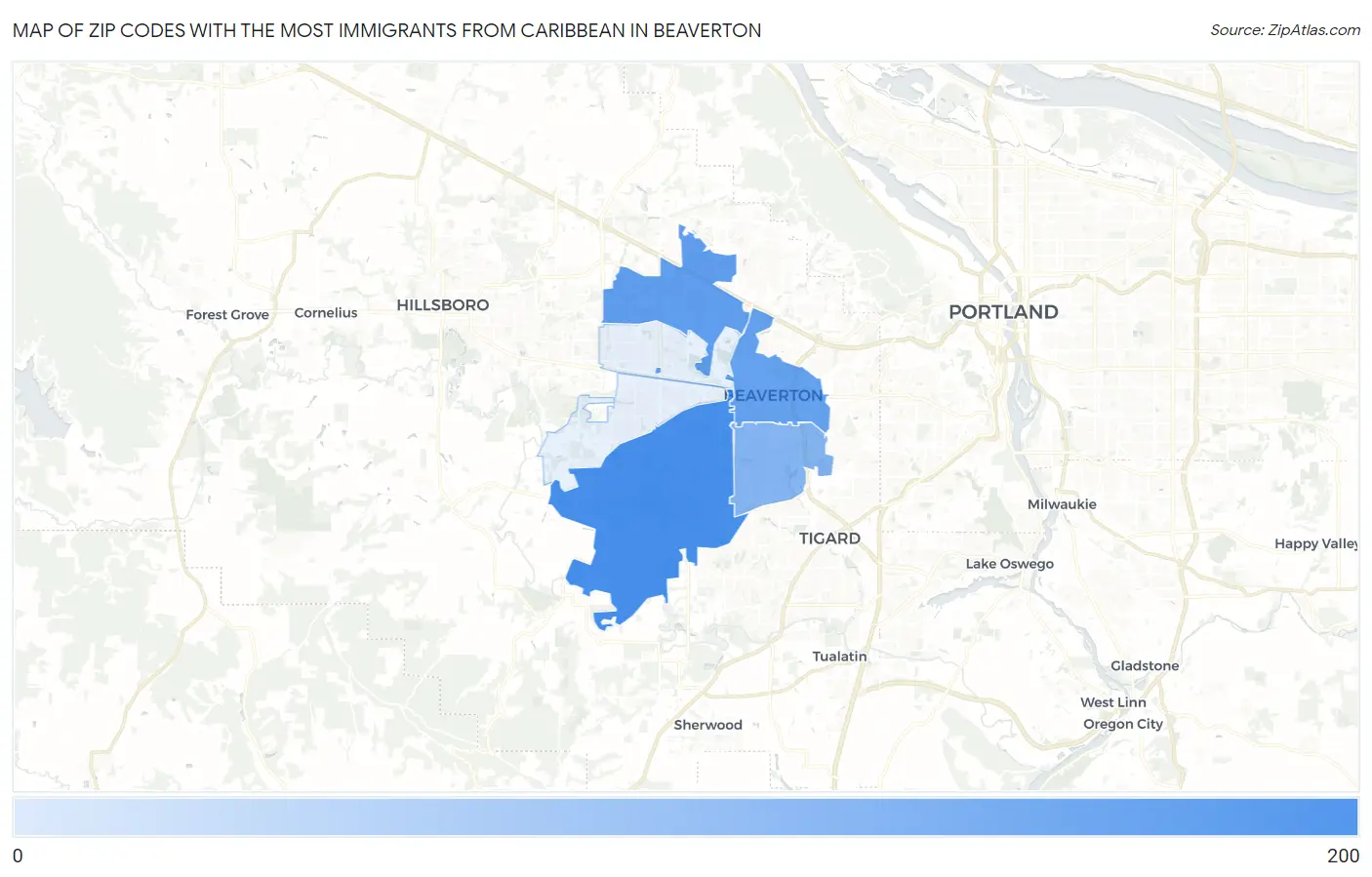 Zip Codes with the Most Immigrants from Caribbean in Beaverton Map