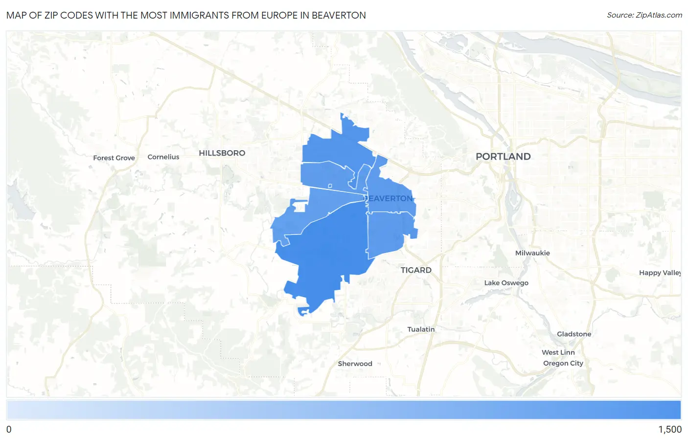 Zip Codes with the Most Immigrants from Europe in Beaverton Map