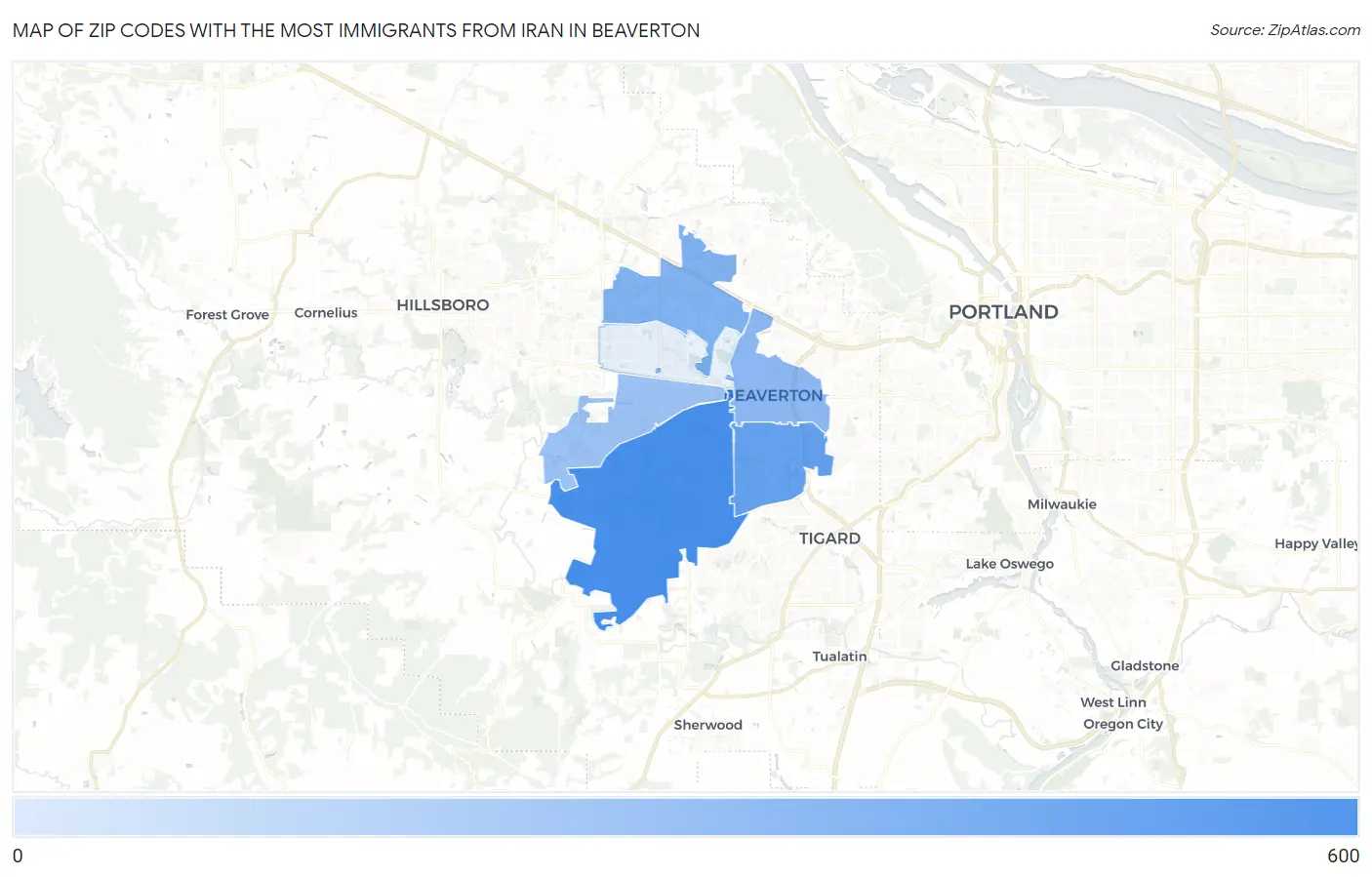 Zip Codes with the Most Immigrants from Iran in Beaverton Map