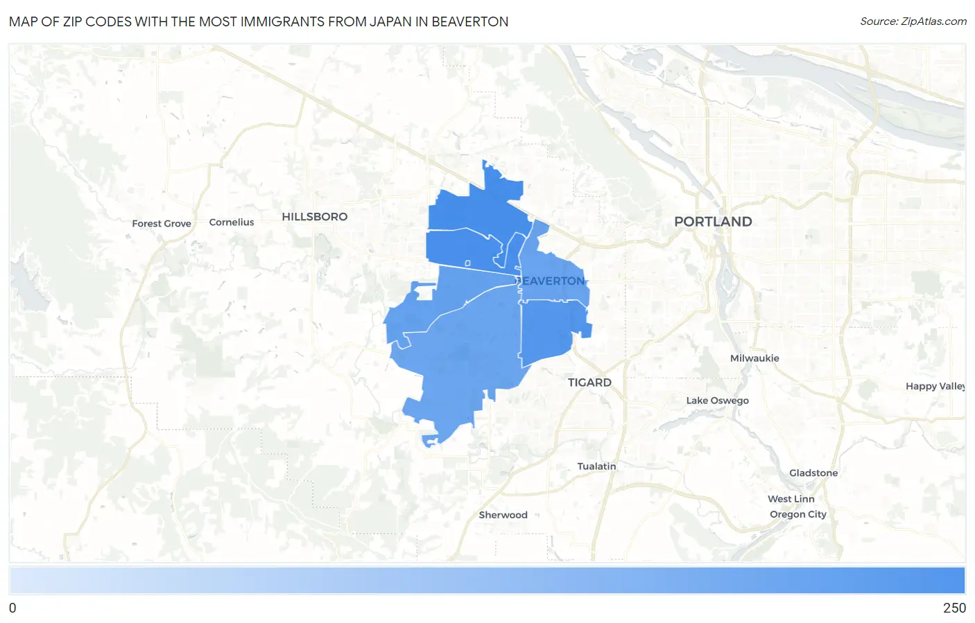 Zip Codes with the Most Immigrants from Japan in Beaverton Map