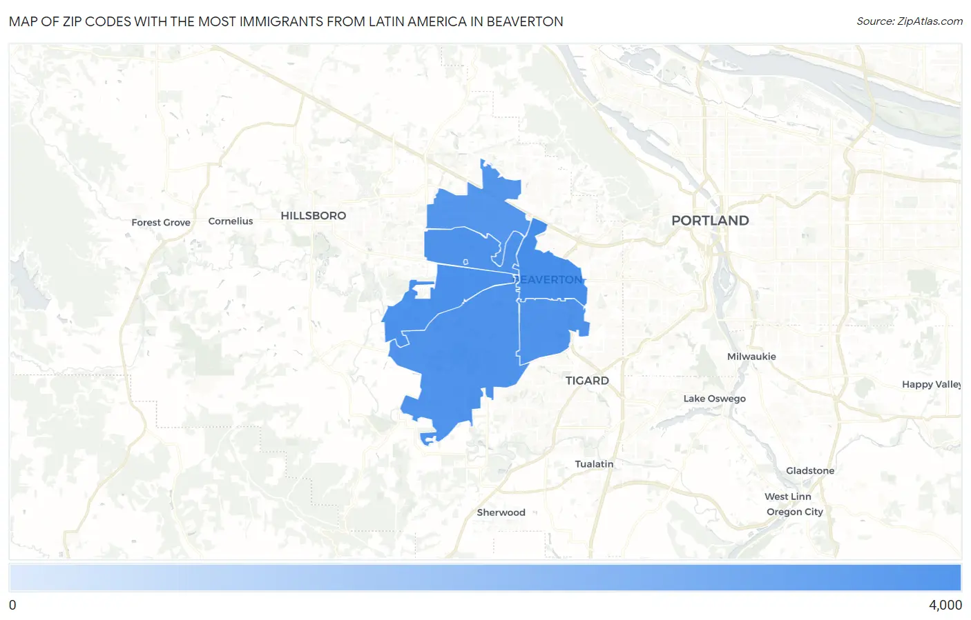 Zip Codes with the Most Immigrants from Latin America in Beaverton Map