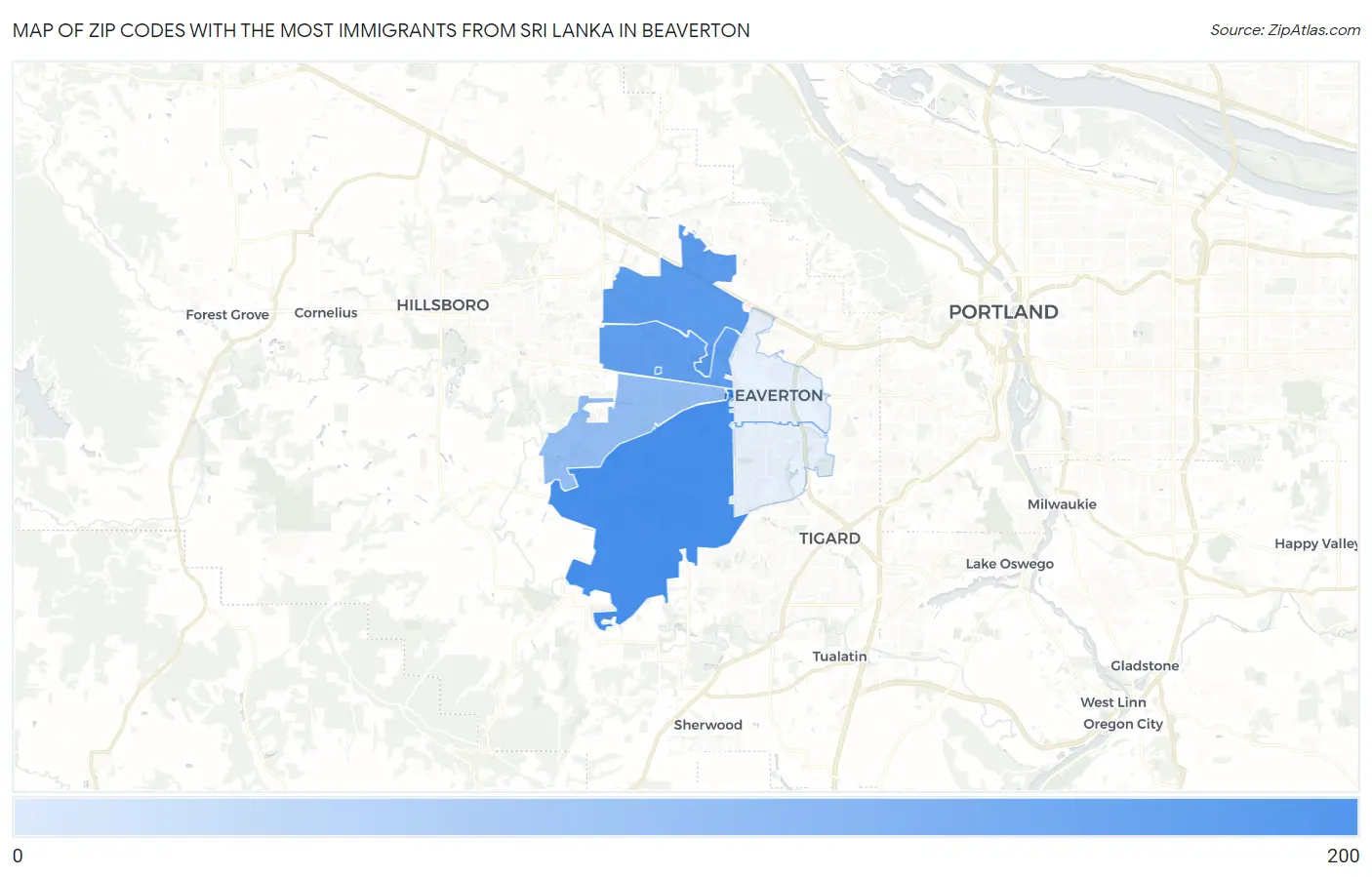 Zip Codes with the Most Immigrants from Sri Lanka in Beaverton Map