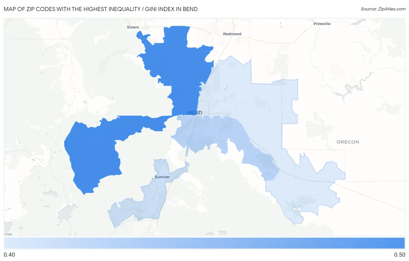Zip Codes with the Highest Inequality / Gini Index in Bend Map