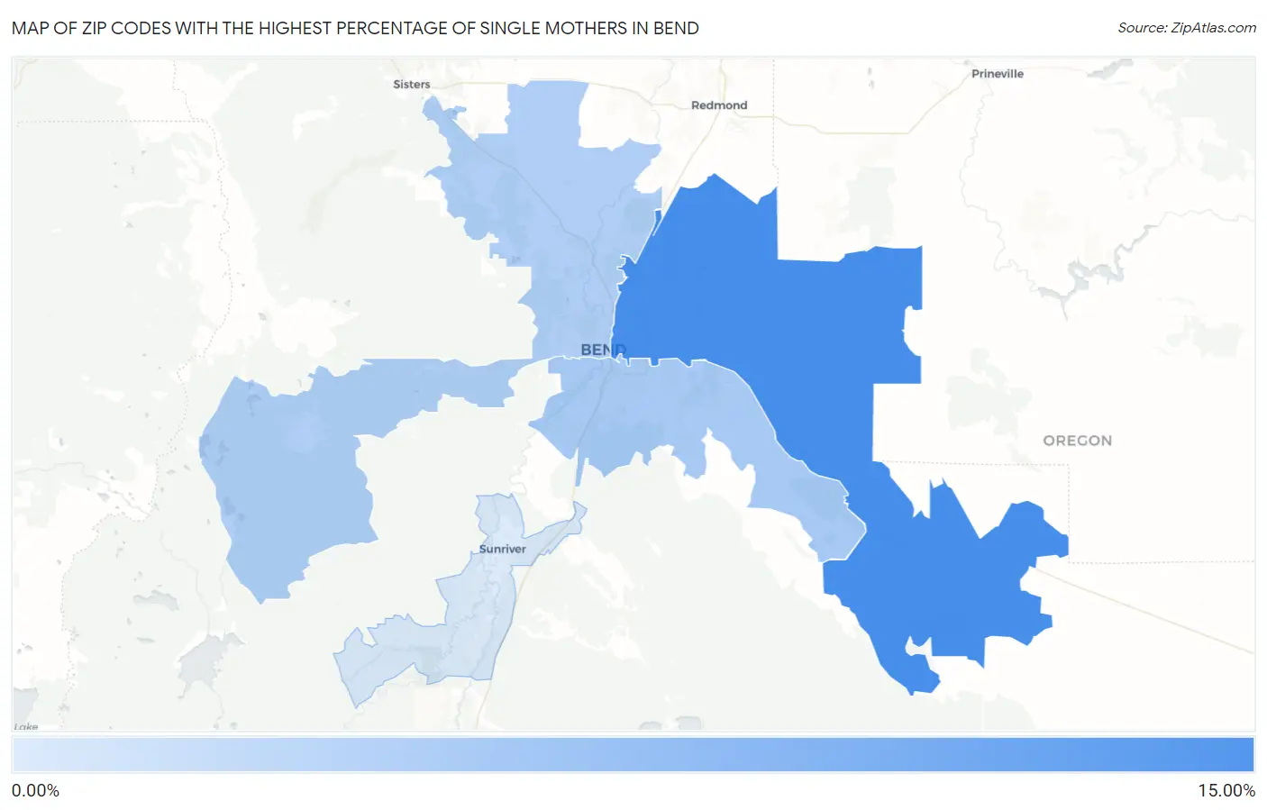 Zip Codes with the Highest Percentage of Single Mothers in Bend Map