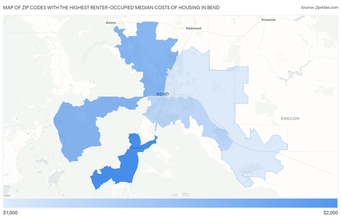 Zip Codes with the Highest Renter-Occupied Median Costs of Housing in Bend Map