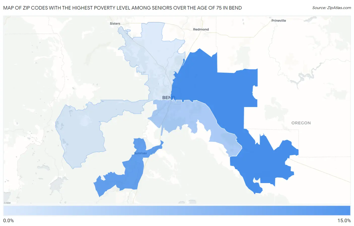 Zip Codes with the Highest Poverty Level Among Seniors Over the Age of 75 in Bend Map