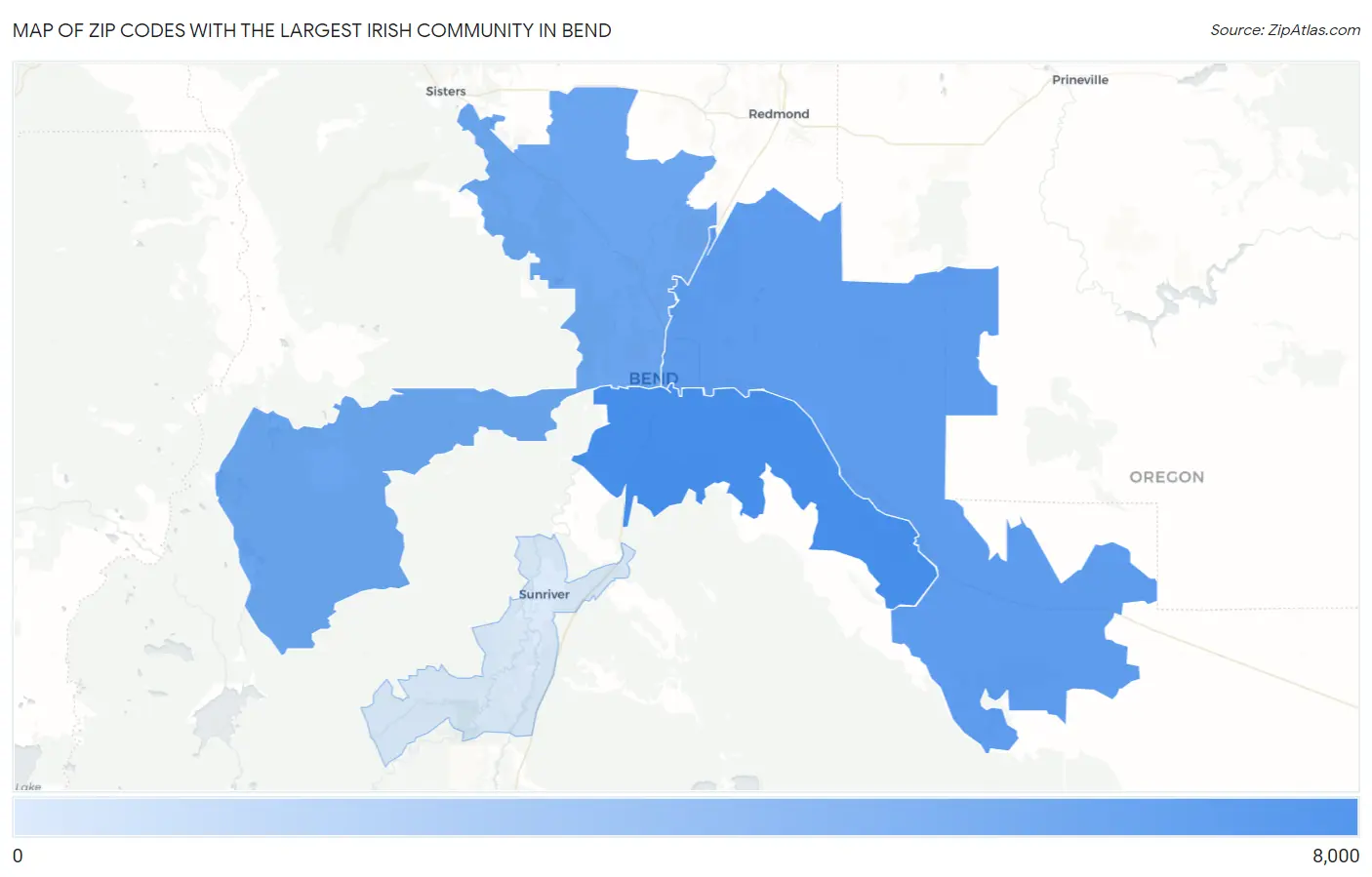 Zip Codes with the Largest Irish Community in Bend Map