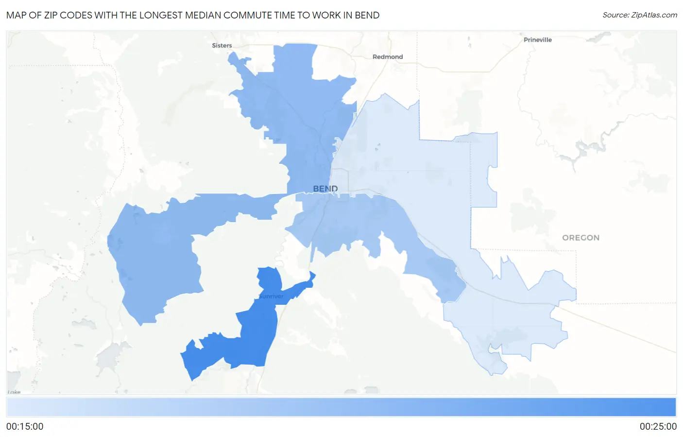 Zip Codes with the Longest Median Commute Time to Work in Bend Map