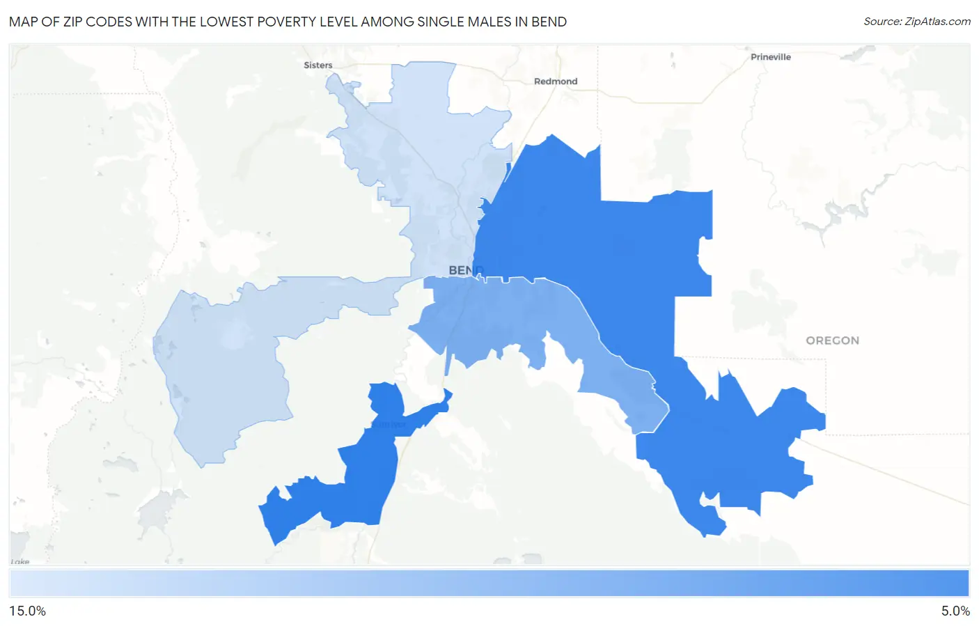 Zip Codes with the Lowest Poverty Level Among Single Males in Bend Map