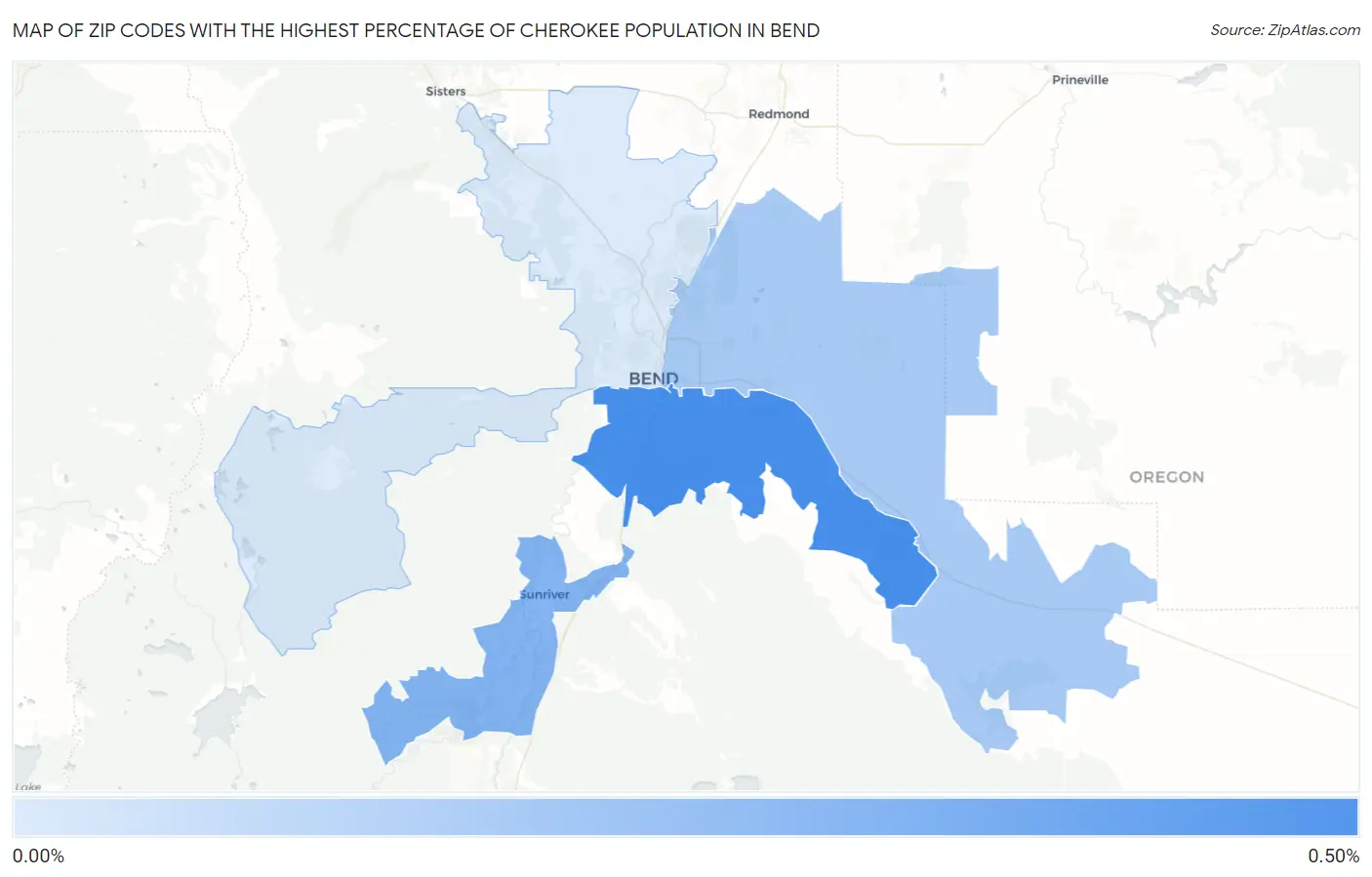 Zip Codes with the Highest Percentage of Cherokee Population in Bend Map