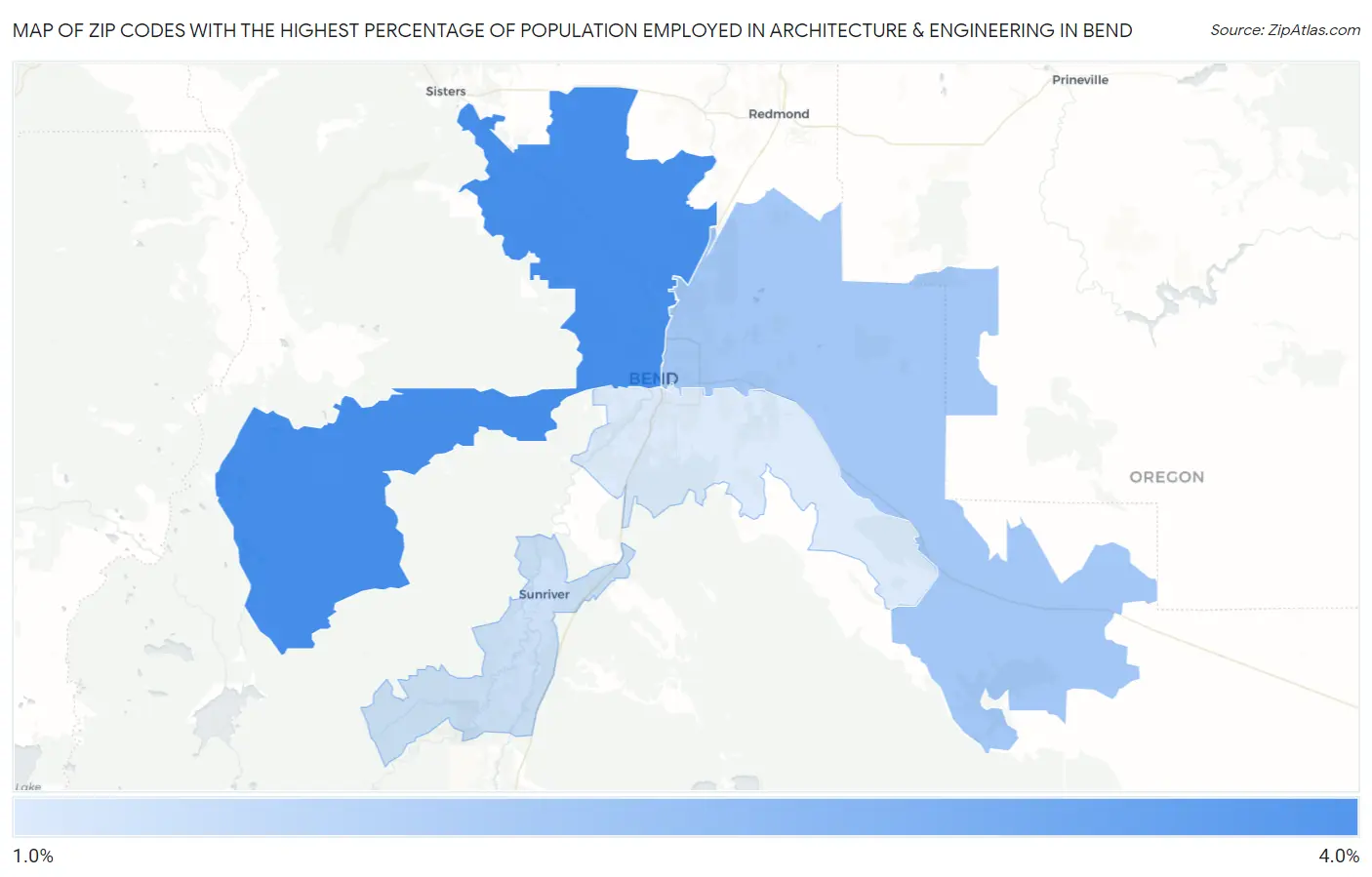 Zip Codes with the Highest Percentage of Population Employed in Architecture & Engineering in Bend Map