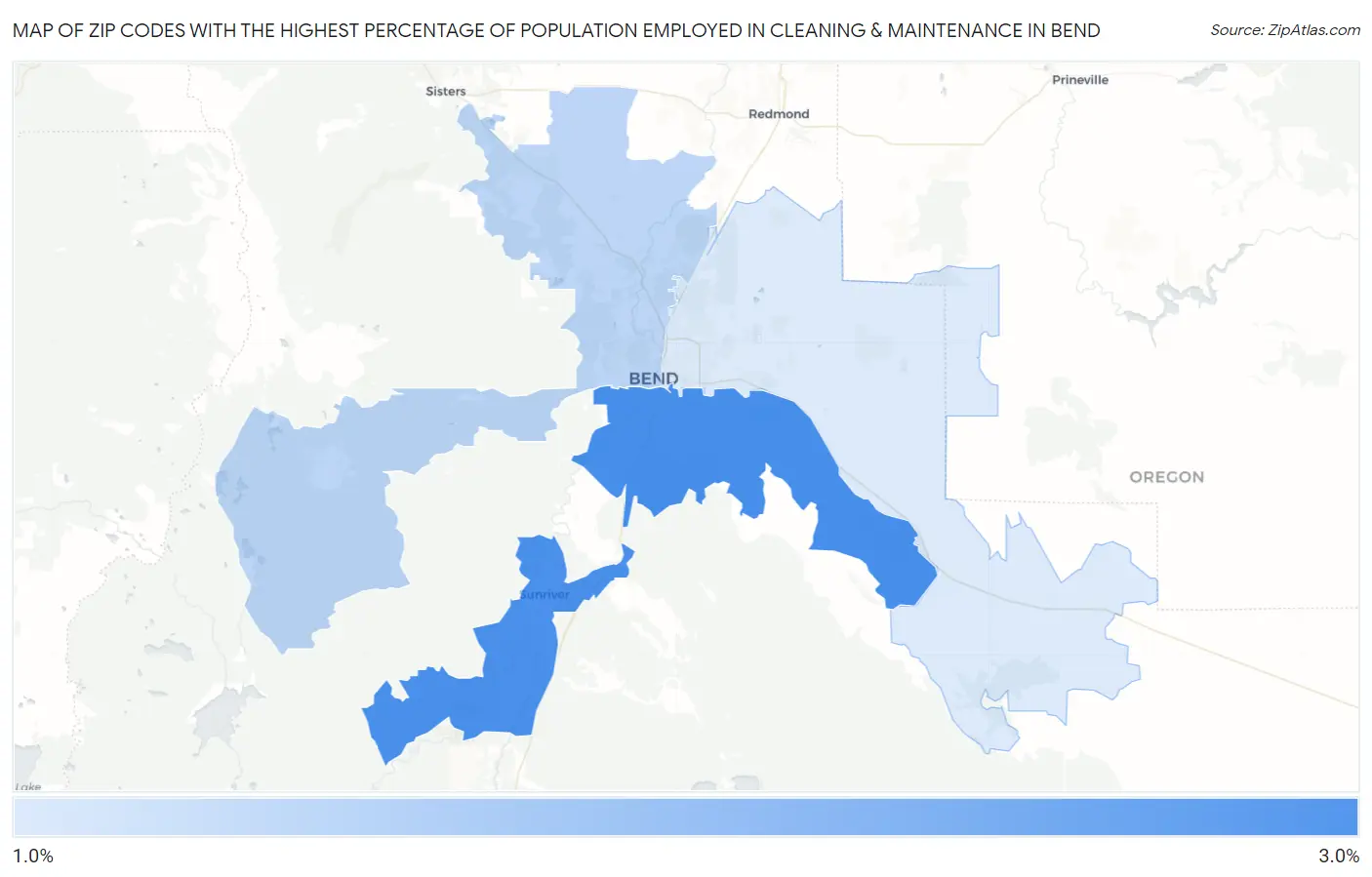 Zip Codes with the Highest Percentage of Population Employed in Cleaning & Maintenance in Bend Map