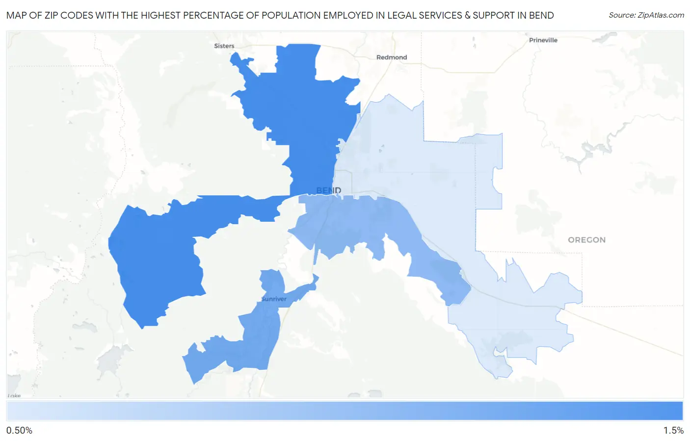Zip Codes with the Highest Percentage of Population Employed in Legal Services & Support in Bend Map