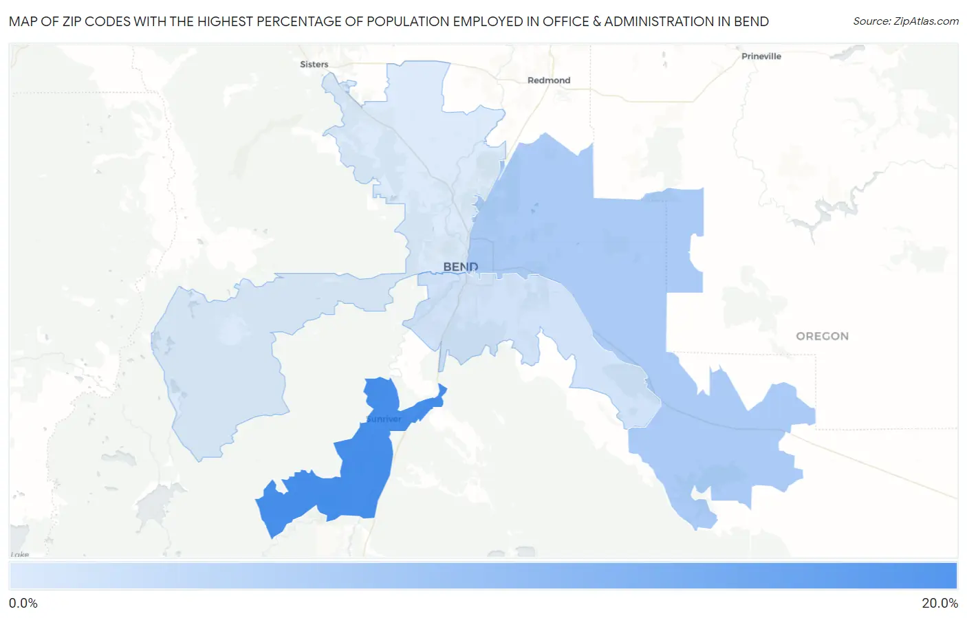Zip Codes with the Highest Percentage of Population Employed in Office & Administration in Bend Map