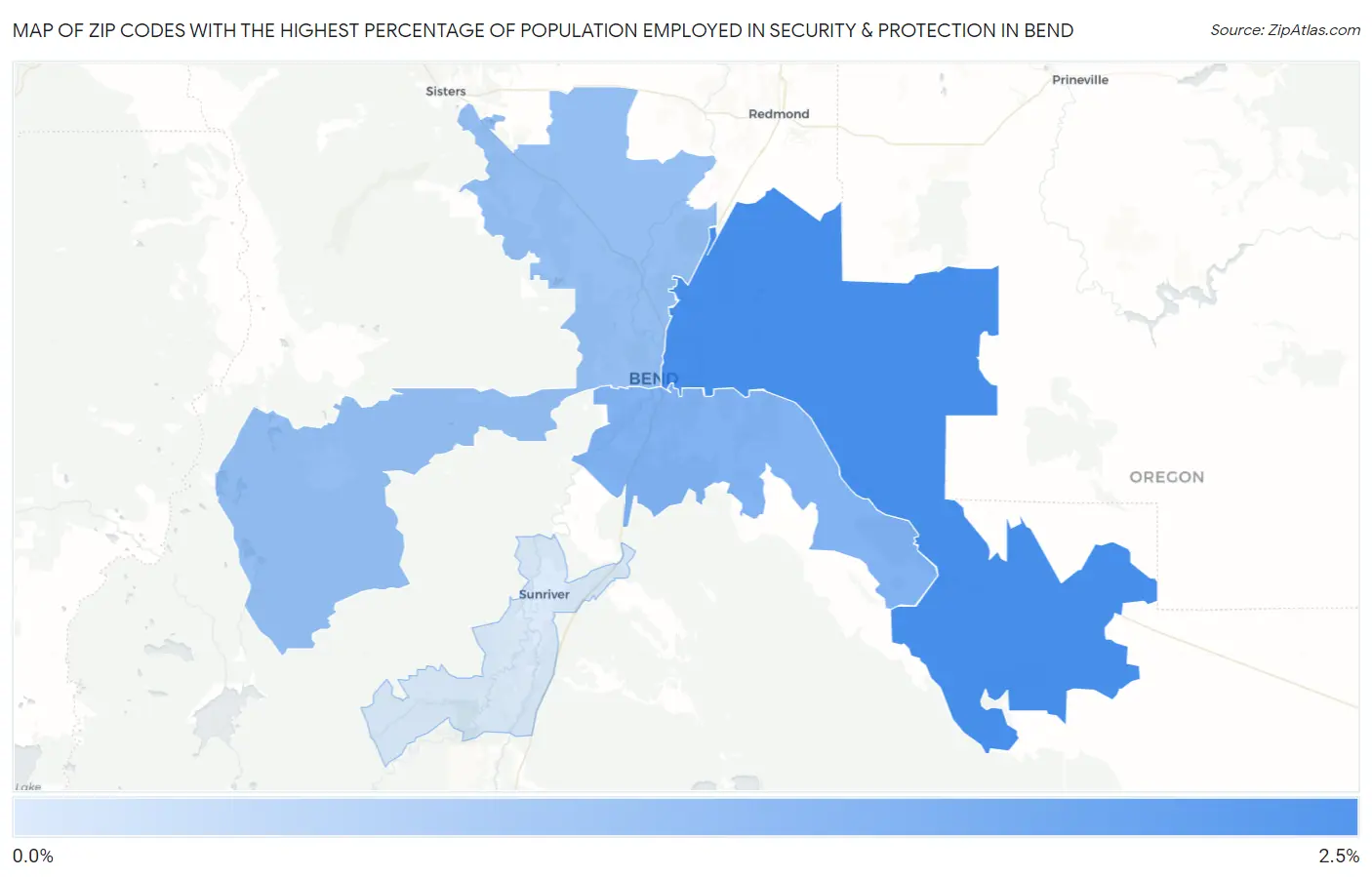 Zip Codes with the Highest Percentage of Population Employed in Security & Protection in Bend Map