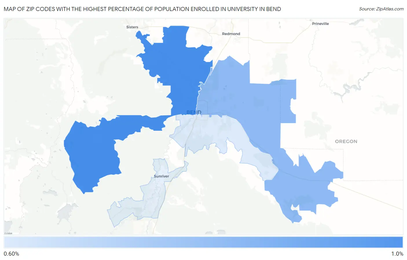 Zip Codes with the Highest Percentage of Population Enrolled in University in Bend Map