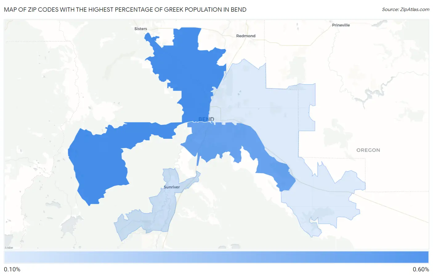 Zip Codes with the Highest Percentage of Greek Population in Bend Map