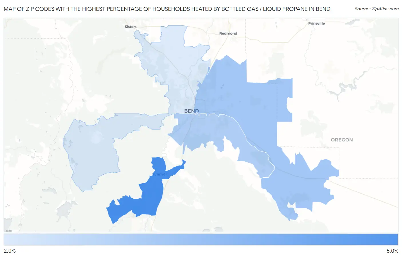 Zip Codes with the Highest Percentage of Households Heated by Bottled Gas / Liquid Propane in Bend Map