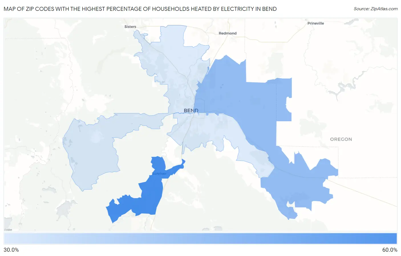 Zip Codes with the Highest Percentage of Households Heated by Electricity in Bend Map