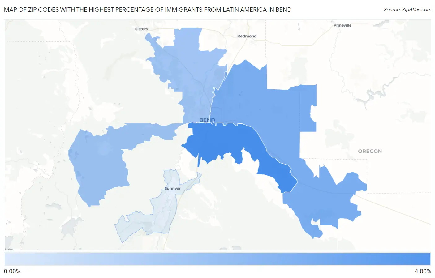 Zip Codes with the Highest Percentage of Immigrants from Latin America in Bend Map