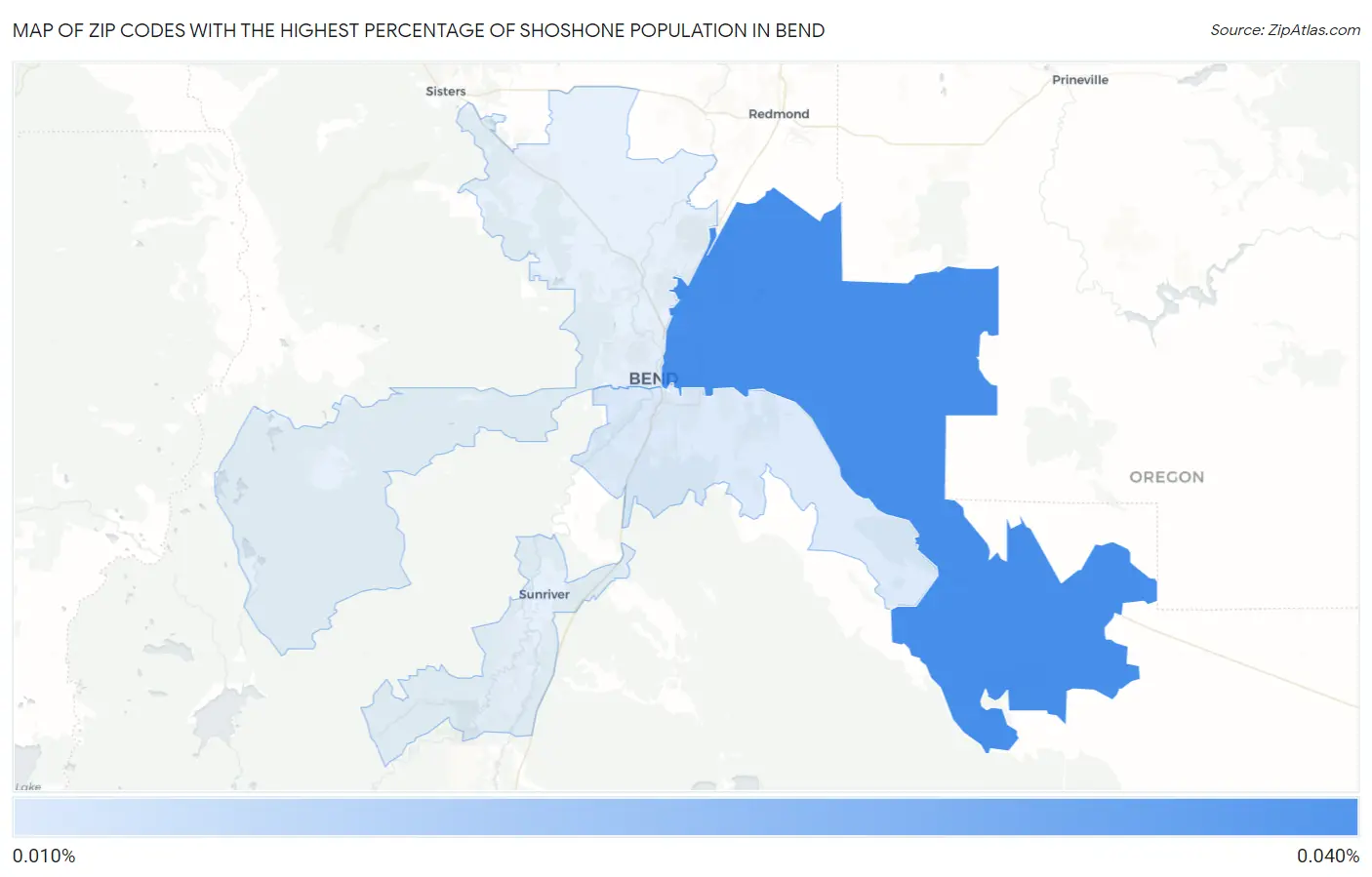 Zip Codes with the Highest Percentage of Shoshone Population in Bend Map