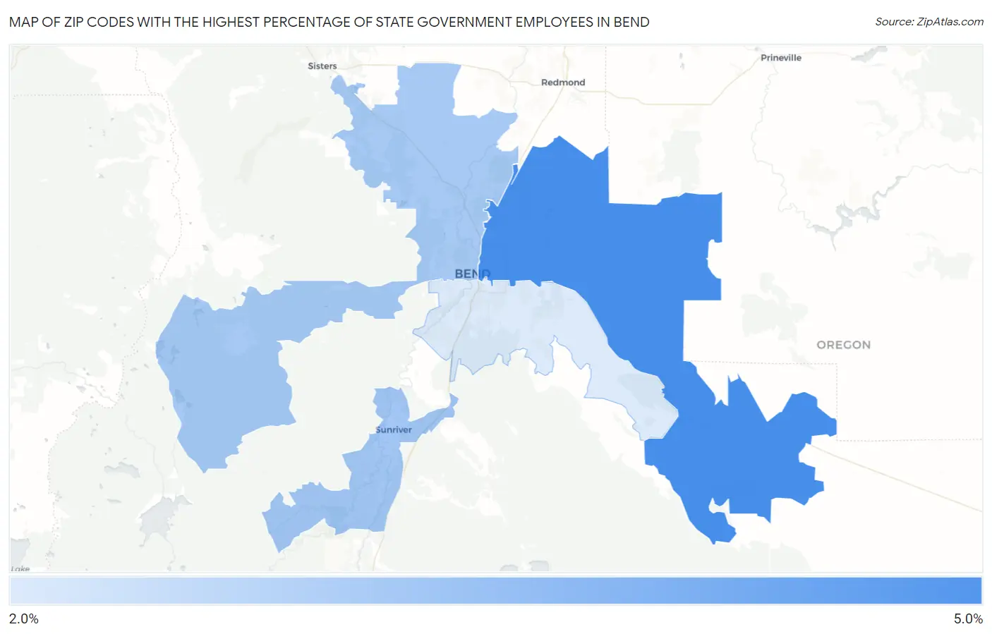 Zip Codes with the Highest Percentage of State Government Employees in Bend Map