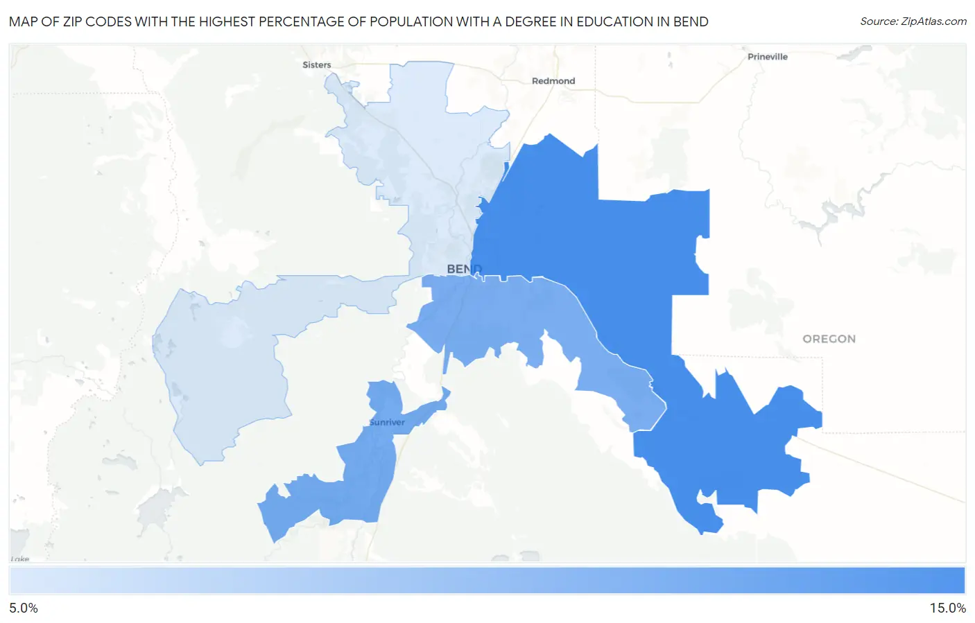 Zip Codes with the Highest Percentage of Population with a Degree in Education in Bend Map