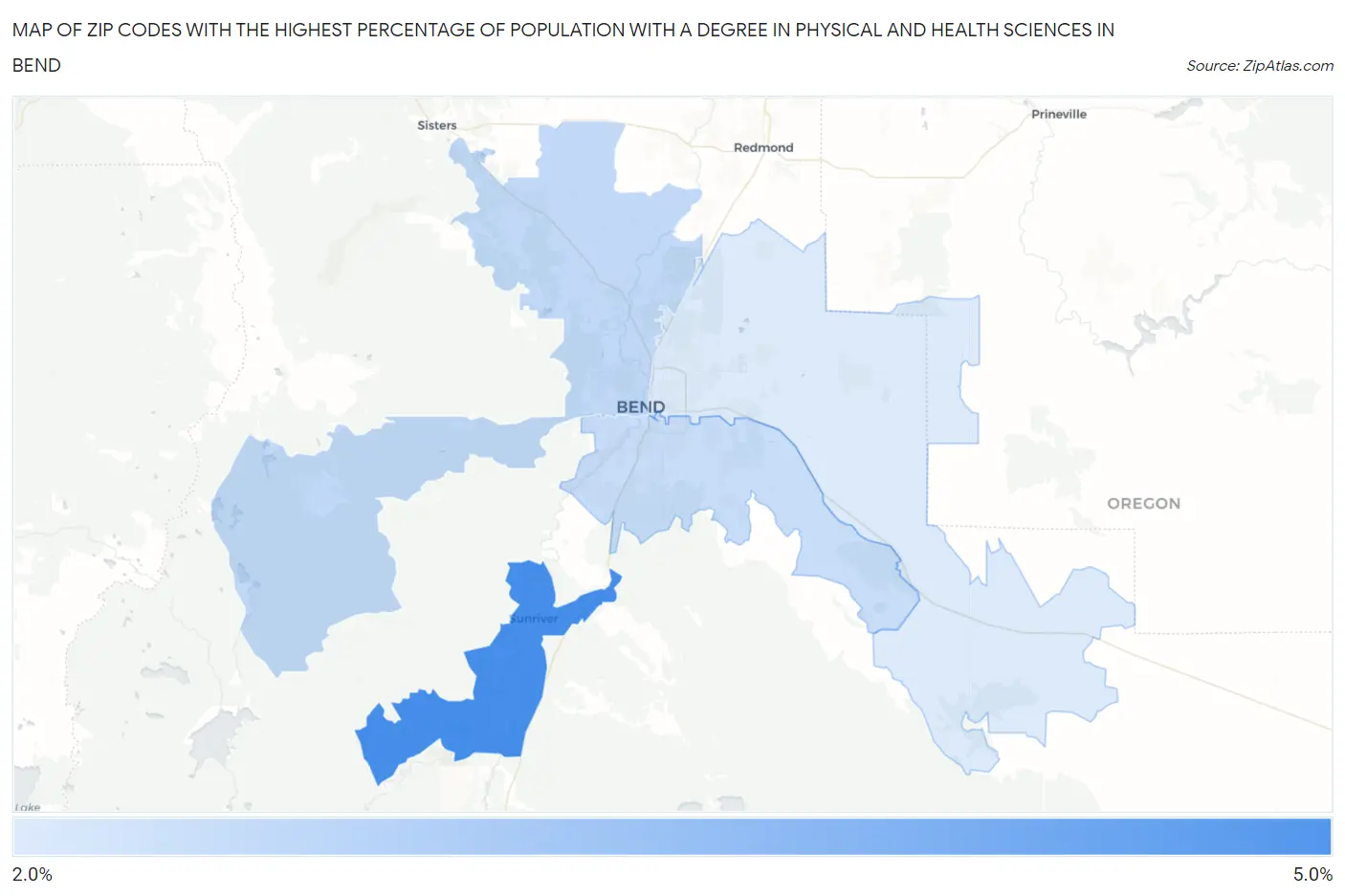 Zip Codes with the Highest Percentage of Population with a Degree in Physical and Health Sciences in Bend Map