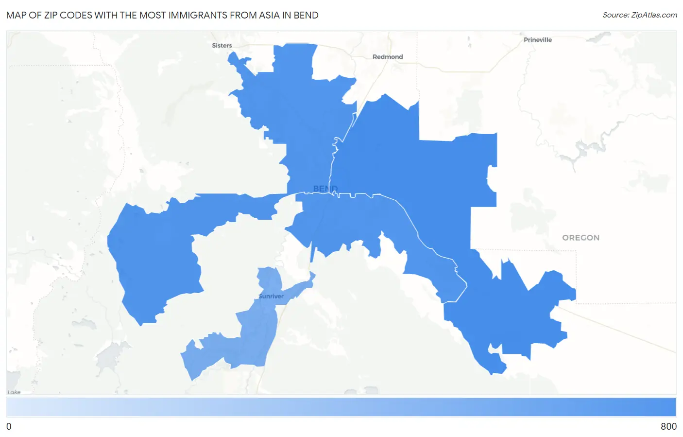 Zip Codes with the Most Immigrants from Asia in Bend Map