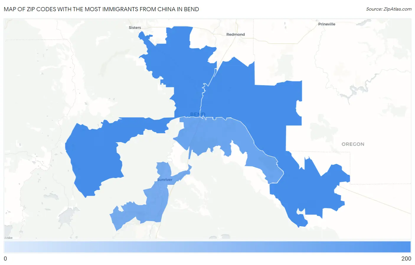 Zip Codes with the Most Immigrants from China in Bend Map