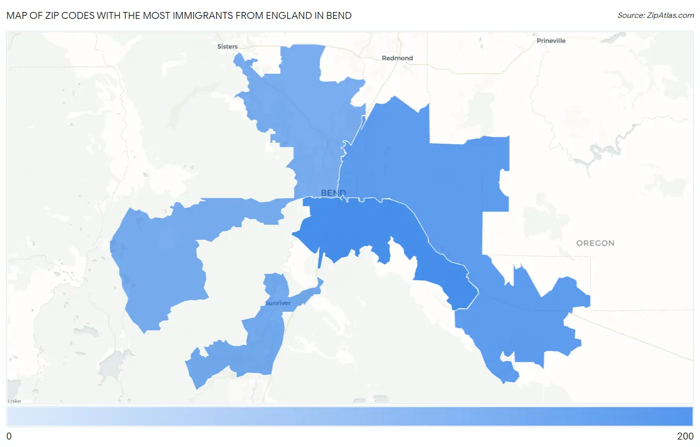 Zip Codes with the Most Immigrants from England in Bend Map