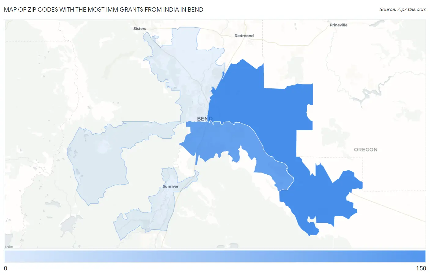 Zip Codes with the Most Immigrants from India in Bend Map