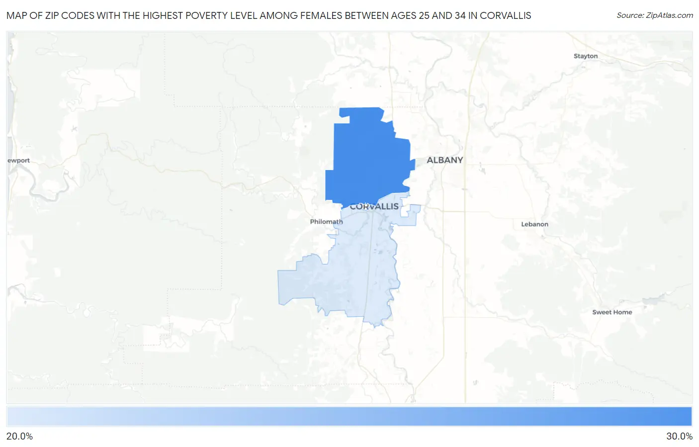 Zip Codes with the Highest Poverty Level Among Females Between Ages 25 and 34 in Corvallis Map