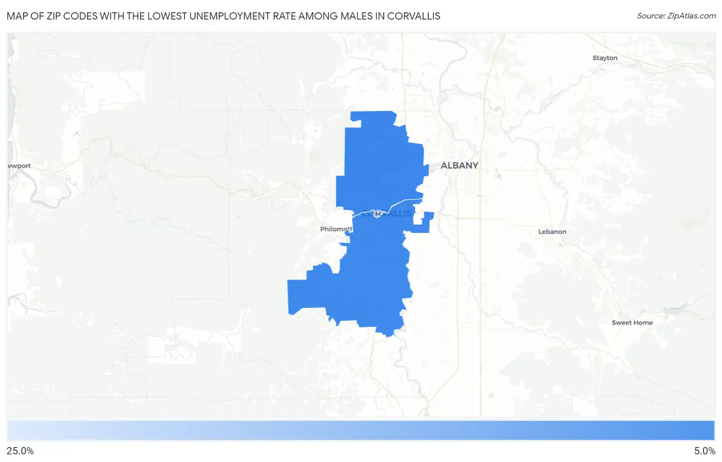 Zip Codes with the Lowest Unemployment Rate Among Males in Corvallis Map