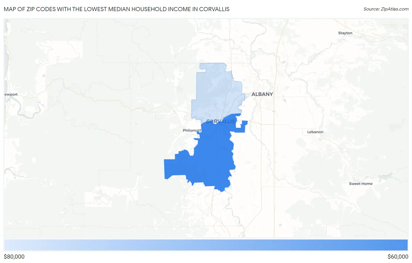 Zip Codes with the Lowest Median Household Income in Corvallis Map