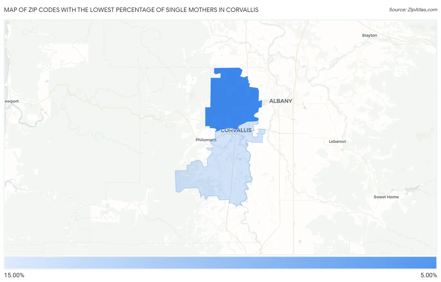 Zip Codes with the Lowest Percentage of Single Mothers in Corvallis Map