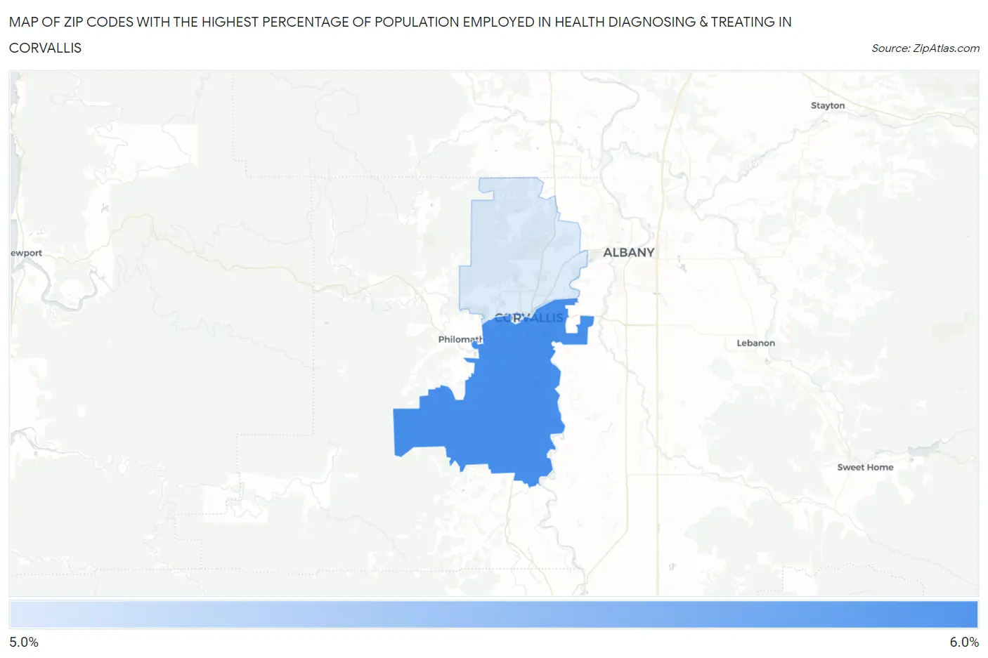 Zip Codes with the Highest Percentage of Population Employed in Health Diagnosing & Treating in Corvallis Map