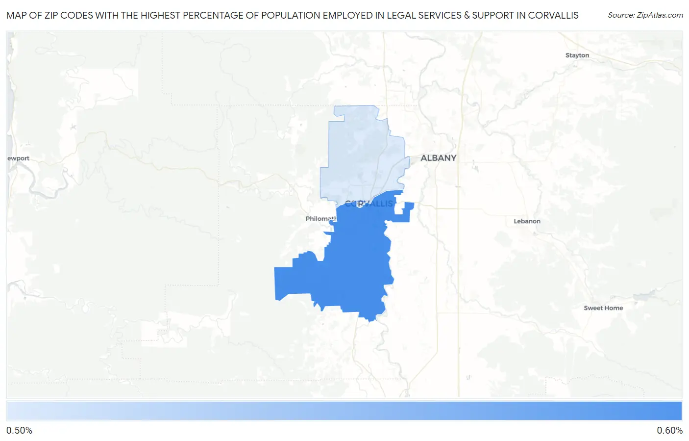 Zip Codes with the Highest Percentage of Population Employed in Legal Services & Support in Corvallis Map